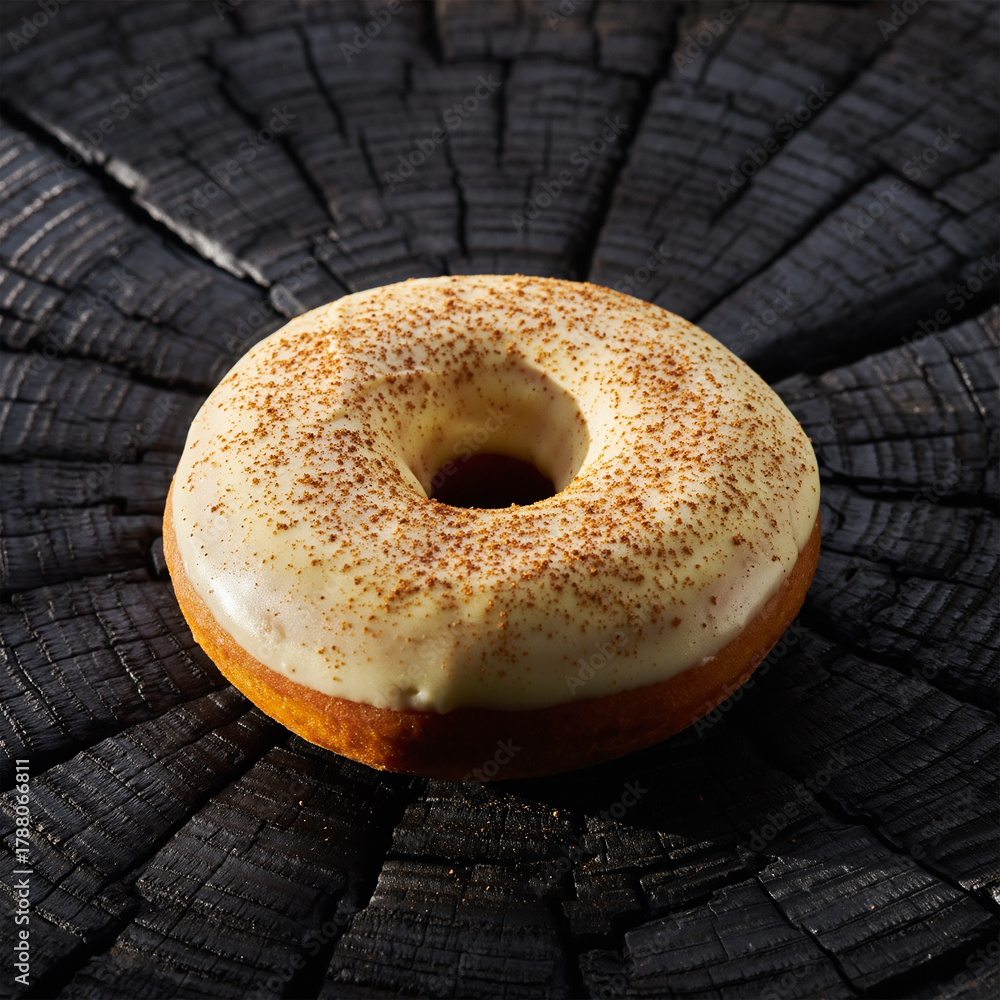 Obraz premium Vibrant Green Glazed Donut on Black Textured Surface with Shadow