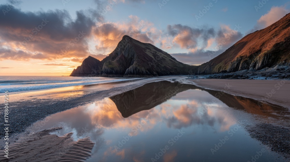 Obraz premium Breathtaking sunset landscape over a tranquil beach reflecting mountains and colorful clouds in serene natural scenery at low tide