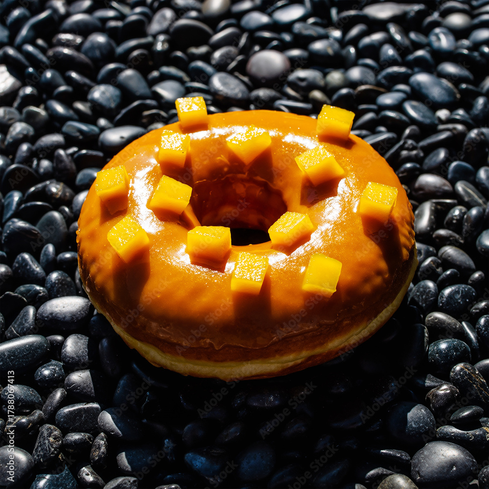 Fototapeta premium Golden Mango Glazed Donut with Fresh Cubes on Black River Pebbles