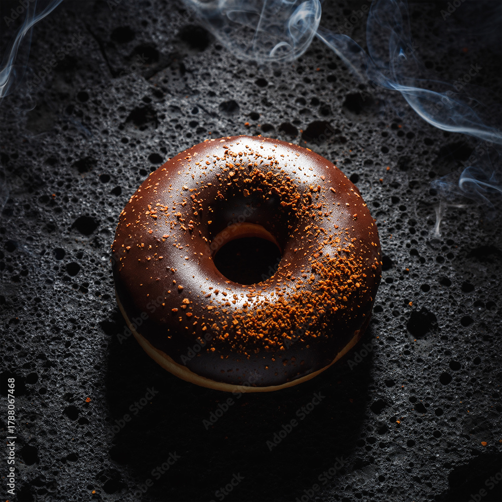 Fototapeta premium Dark Chocolate Donut with Smoke and Glaze Drizzle on Textured Surface