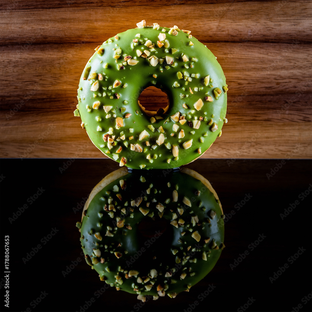 Obraz premium Vibrant Green Pistachio Donut with Reflection on Dark Glossy Surface