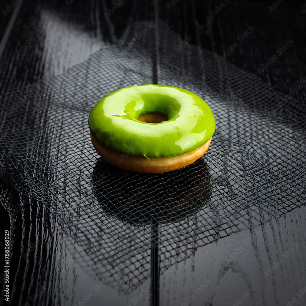 Fototapeta premium Vibrant Green Glazed Donut on Black Textured Wooden Surface