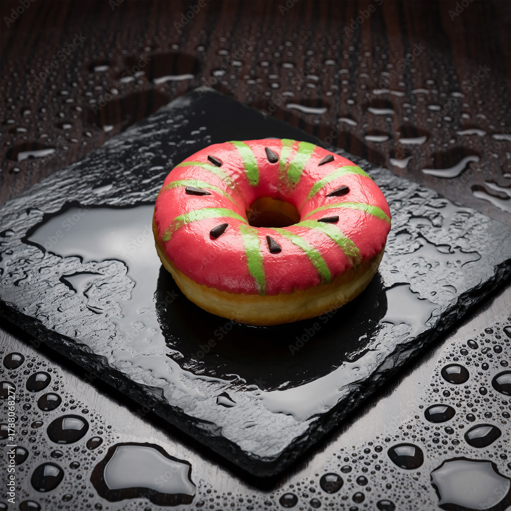 Fototapeta premium Vibrant Pink and Green Glazed Donut on Wet Black Slate with Water Droplets