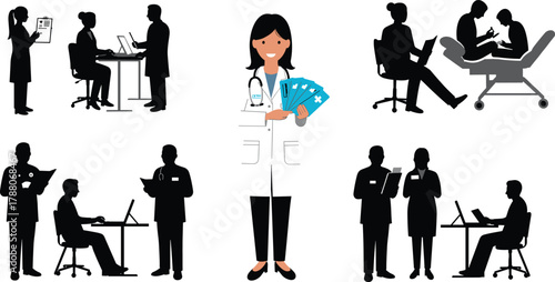 Doctor illustration, healthcare silhouettes, medical teamwork, patient consultation, hospital staff, nurse and doctor, medical vector, healthcare interaction, clinic scene, professional care