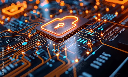 Glowing padlock icon on a modern circuit board representing cybersecurity and data protection in the digital age with advanced technology