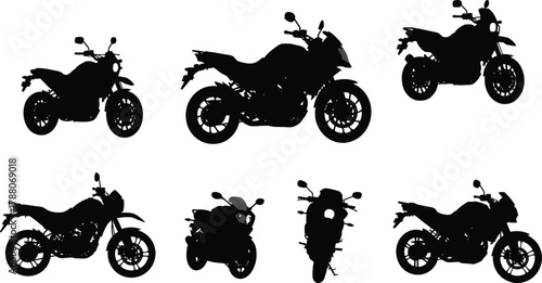 Motorcycle silhouettes, black motorbike icons, side and front views, vector illustration, bike comparison, transport graphic, motorcycle design, riderless bikes
