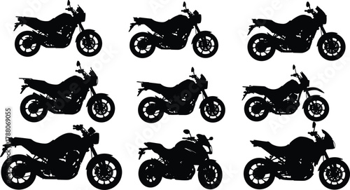 Motorcycle silhouettes, black motorbike icons, side view motorcycles, front view bikes, vector illustration, transport graphic, motorcycle comparison, riderless vehicle shapes