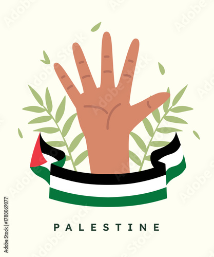 this graphic is a powerful piece that conveys a message of hope and peace for Palestine, utilizing the symbols of a raised hand for unity and olive branches to express the desire for peace.