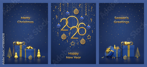 Christmas card set. Happy New Year 2026. Hanging Golden metallic numbers 2026 with stars, ball baubles on blue background. Gift boxes with golden bows, snowflakes, gold fir trees. Vector illustration.