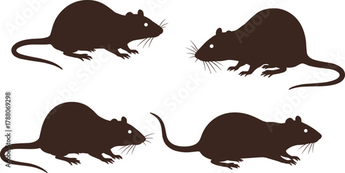 Rat silhouettes, rodent illustration, dark brown rats, side profile, long tail, whiskers, animal graphic, pest control, wildlife icon, vector rodents