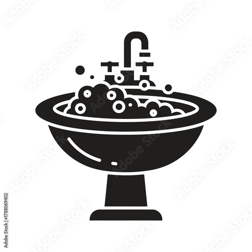 Bathroom sink with a running water icon representing a hygiene and a sanitation for a hand washing and a personal cleaning