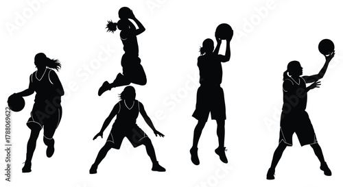 Silhouettes of basketball players in dynamic action poses a sport illustrated