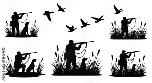 Silhouetted hunters with dogs pursuing flying waterfowl in a marsh scene
