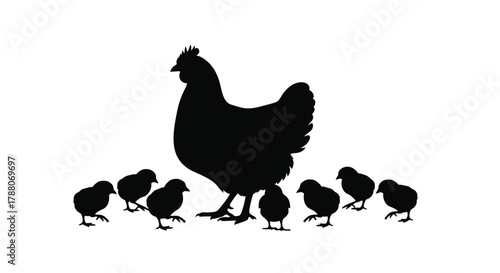 A hen with her chicks shown in a simple black silhouette design
