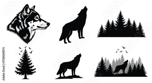 Silhouettes of wolves howling in a forest with evergreen trees and birds
