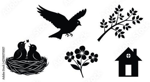 Silhouette illustration featuring birds a nest flowers and a small house