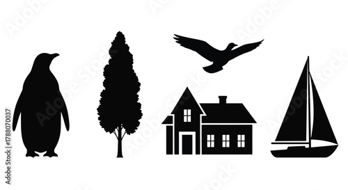 A simple black silhouette collection featuring a penguin tree house and boat