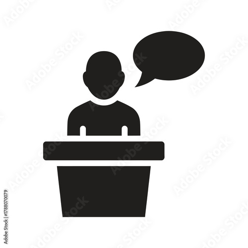 Speaker at a podium with a speech bubble icon representing a public presentation and a business conference for a motivational lecture