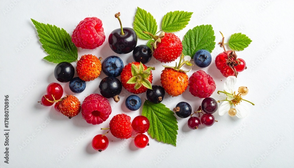 Obraz premium Fresh Mixed Berries and Green Leaves on White Background Healthy Eating Concept for Wellness and Nutrition Visuals.