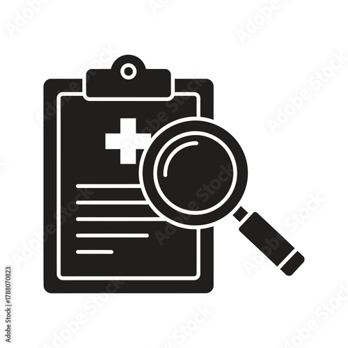 Medical record on a clipboard with a magnifying glass icon representing a patient health research and a diagnosis analysis