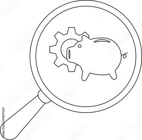 A magnifying glass shows a piggy bank partially obscuring a gear