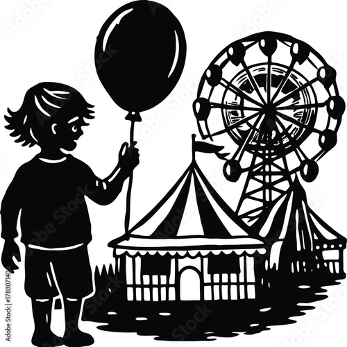 Child Silhouette with Balloon at Fun Fair with Ferris Wheel and Tents on White Background