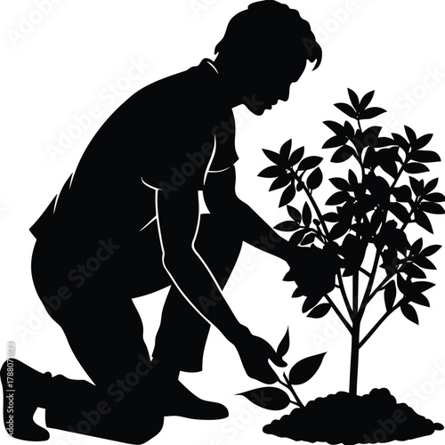 Gardener Silhouette Planting a New Tree or Shrub for Environmental Sustainability on White Background