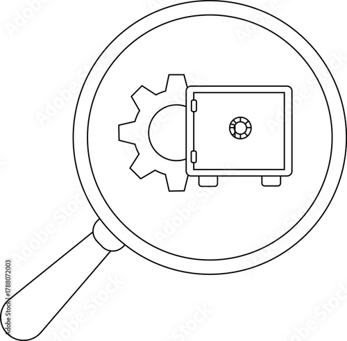 Magnifying glass view of a safe beside a gear