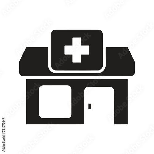 Pharmacy building icon with a cross representing a drugstore and a medical shop for a healthcare and a medicine