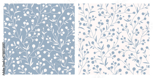 Two Blue White Seamless Patterns with Leaves Berries, Floral Ditsy Backgrounds, Vector Illustration
