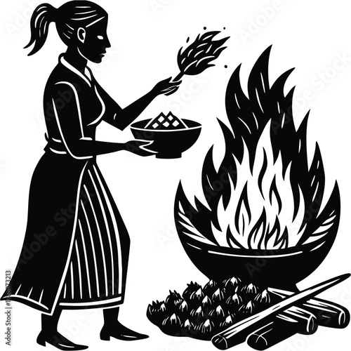 Ritualistic Offering Silhouette Woman Preparing Fire for Sacrifice on White Background
