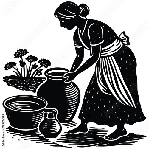 Woman Silhouette with Pots and Plants: Vintage Inspired Black and White Art on White Background