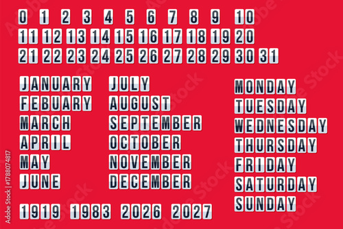Full Calendar Typography Set with Months Weekdays and Number Blocks on Red Background