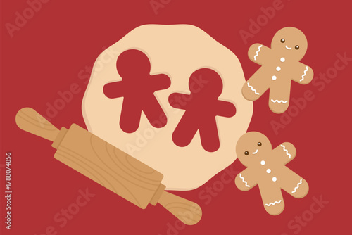 Gingerbread Cookie Dough and Rolling Pin on Festive Red Baking Background