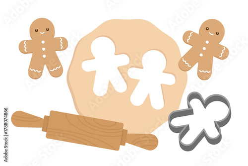 Gingerbread Dough with Rolling Pin and Gingerbread Man Cookie Cutter Illustration