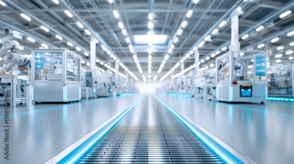 Fototapeta premium A futuristic highly automated industrial factory interior featuring a clear illuminated blue pathway Rows of advanced hinery and robotic systems are visible along the production line