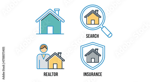 Vector illustration of real estate icons house, search, realtor, insurance