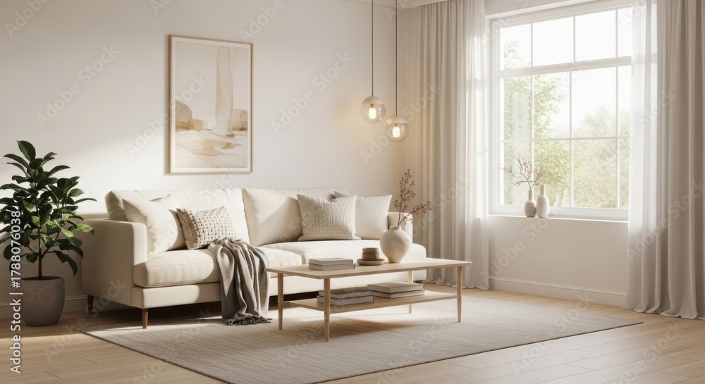 Fototapeta premium Bright Scandinavian Living Room with Beige Sofa, Pendant Lights, and Large Window.