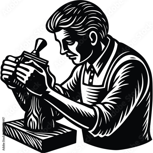 Woodcarver Silhouette Art: Man Sculpting Wood Sculpture with Chisel Tool on White Background