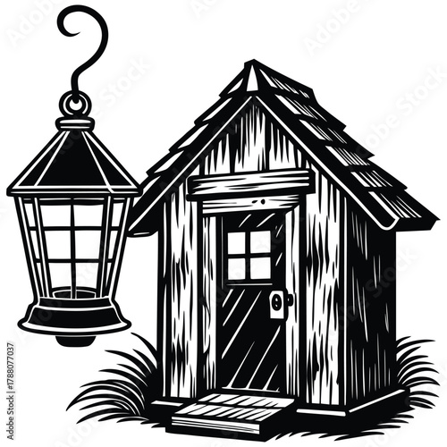 Rustic Shed Silhouette with Hanging Lantern Illustration, Black and White Art on White Background