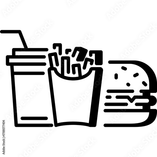 Fast food menu, cola drink, burger, fries, vector icon