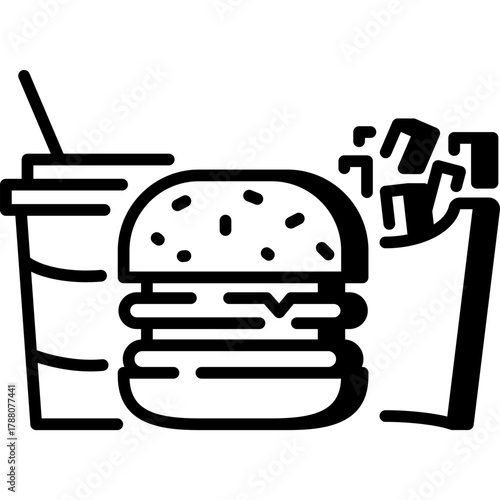 Fast food menu, cola drink, burger, fries, vector icon
