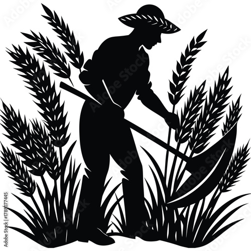 Farmer Silhouette Harvesting Wheat Grain Crops Using Sickle on White Background