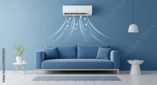 Air Conditioner Unit Heating a Modern Blue Living Room with Sofa and Conceptual Airflow.