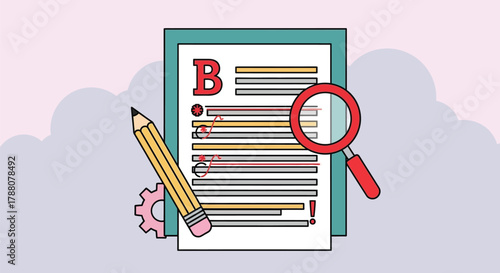 Vector illustration of document analysis with pencil and magnifying glass