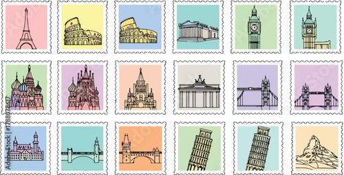 A collection of 15 colorful postage stamps featuring hand-drawn illustrations of famous world landmarks and architectural wonders, representing travel and global destinations.