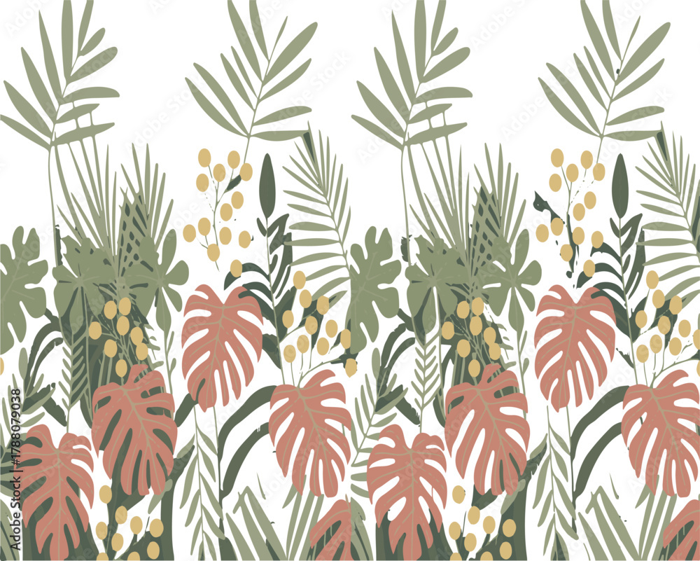 Fototapeta premium Tropical Jungle Leaves and Berries Seamless Border Pattern foliage