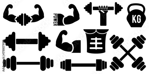 fitness icon design vector strength power weightlifting muscle gym workout training bodybuilding exercise dumbbell barbell sport icon set.