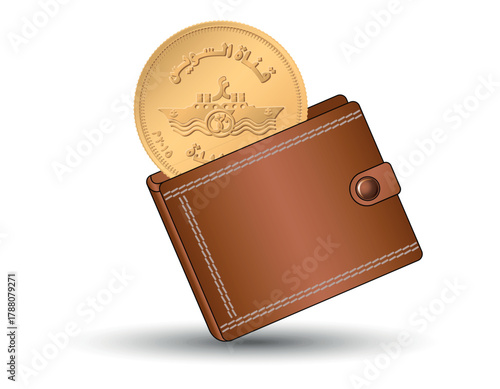Egyptian money with a wallet in the background. 50 piastres Egypt 2015 Opening of the New Suez Canal. A 50 piastres coin into the wallet.