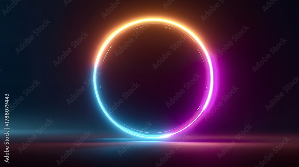 Fototapeta premium Glowing neon light ring displaying vibrant colorful gradient from orange to blue and magenta on a reflective dark surface, creating a futuristic, abstract background or portal